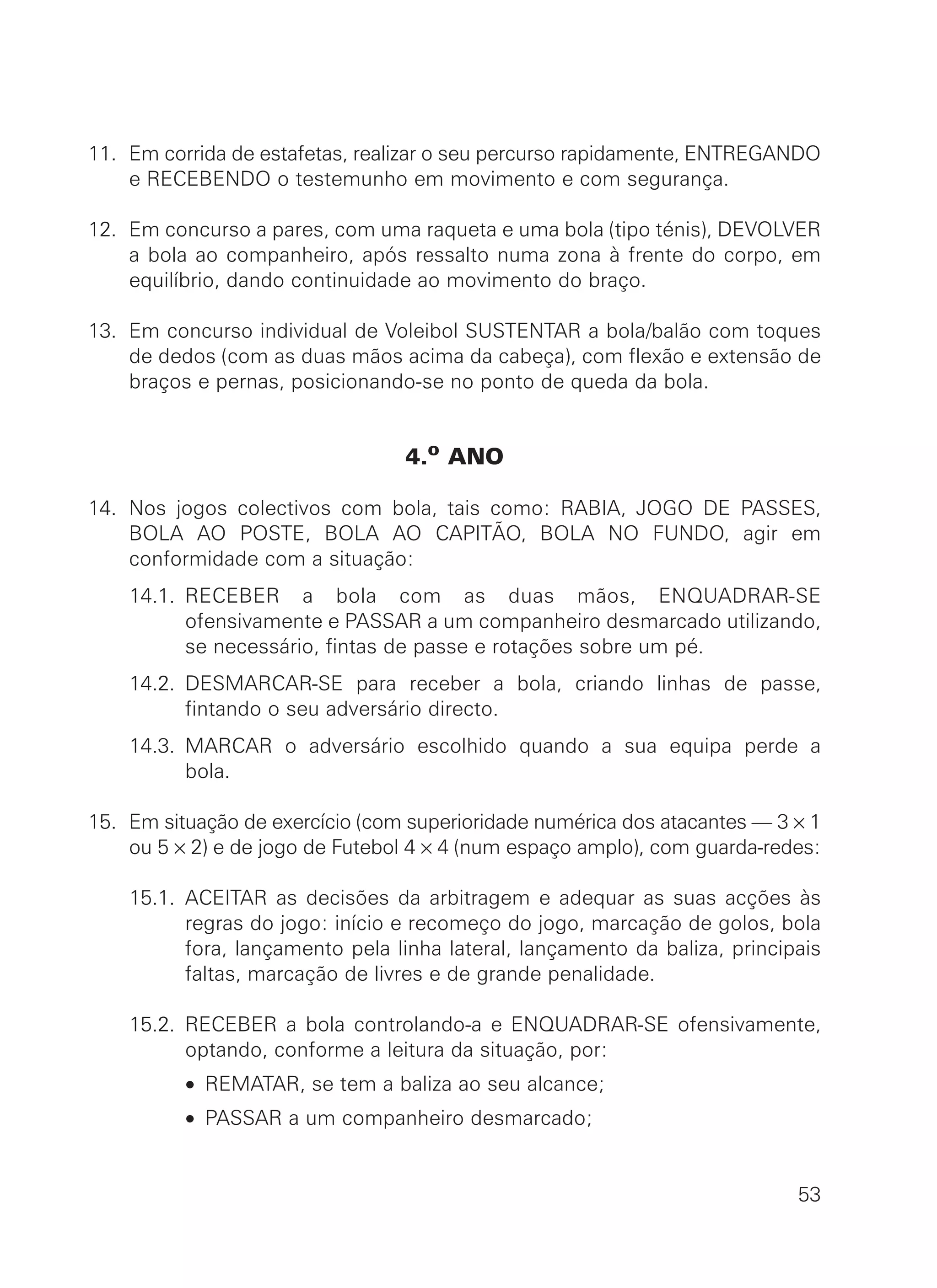 11. Em corrida de estafetas, realizar o seu percurso rapidamente, ENTREGANDO
e RECEBENDO o testemunho em movimento e com segurança.
12. Em concurso a pares, com uma raqueta e uma bola (tipo ténis), DEVOLVER
a bola ao companheiro, após ressalto numa zona à frente do corpo, em
equilíbrio, dando continuidade ao movimento do braço.
13. Em concurso individual de Voleibol SUSTENTAR a bola/balão com toques
de dedos (com as duas mãos acima da cabeça), com flexão e extensão de
braços e pernas, posicionando-se no ponto de queda da bola.
4.o ANO
14. Nos jogos colectivos com bola, tais como: RABIA, JOGO DE PASSES,
BOLA AO POSTE, BOLA AO CAPITÃO, BOLA NO FUNDO, agir em
conformidade com a situação:
14.1. RECEBER a bola com as duas mãos, ENQUADRAR-SE
ofensivamente e PASSAR a um companheiro desmarcado utilizando,
se necessário, fintas de passe e rotações sobre um pé.
14.2. DESMARCAR-SE para receber a bola, criando linhas de passe,
fintando o seu adversário directo.
14.3. MARCAR o adversário escolhido quando a sua equipa perde a
bola.
15. Em situação de exercício (com superioridade numérica dos atacantes — 3 × 1
ou 5 × 2) e de jogo de Futebol 4 × 4 (num espaço amplo), com guarda-redes:
15.1. ACEITAR as decisões da arbitragem e adequar as suas acções às
regras do jogo: início e recomeço do jogo, marcação de golos, bola
fora, lançamento pela linha lateral, lançamento da baliza, principais
faltas, marcação de livres e de grande penalidade.
15.2. RECEBER a bola controlando-a e ENQUADRAR-SE ofensivamente,
optando, conforme a leitura da situação, por:
15.2. • REMATAR, se tem a baliza ao seu alcance;
15.2. • PASSAR a um companheiro desmarcado;
53
 