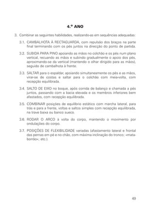 4.o ANO
3. Combinar as seguintes habilidades, realizando-as em sequências adequadas:
3.1. CAMBALHOTA À RECTAGUARDA, com repulsão dos braços na parte
final terminando com os pés juntos na direcção do ponto de partida.
3.2. SUBIDA PARA PINO apoiando as mãos no colchão e os pés num plano
vertical, recuando as mãos e subindo gradualmente o apoio dos pés,
aproximando-se da vertical (mantendo o olhar dirigido para as mãos),
seguido de cambalhota à frente.
3.3. SALTAR para o espaldar, apoiando simultaneamente os pés e as mãos,
virar-se de costas e saltar para o colchão com meia-volta, com
recepção equilibrada.
3.4. SALTO DE EIXO no boque, após corrida de balanço e chamada a pés
juntos, passando com a bacia elevada e os membros inferiores bem
afastados, com recepção equilibrada.
3.5. COMBINAR posições de equilíbrio estático com marcha lateral, para
trás e para a frente, voltas e saltos simples com recepção equilibrada,
na trave baixa ou banco sueco.
3.6. RODAR O ARCO à volta do corpo, mantendo o movimento por
ondulações do corpo.
3.7. POSIÇÕES DE FLEXIBILIDADE variadas (afastamento lateral e frontal
das pernas em pé e no chão, com máxima inclinação do tronco; «mata-
borrão»; etc.).
49
 