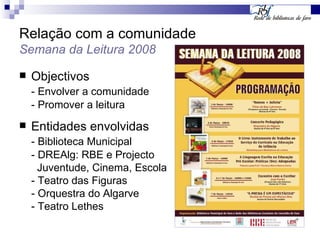 Relação com a comunidade Semana da Leitura 2008 Objectivos - Envolver a comunidade - Promover a leitura Entidades envolvidas - Biblioteca Municipal  - DREAlg: RBE e Projecto  Juventude, Cinema, Escola - Teatro das Figuras - Orquestra do Algarve - Teatro Lethes 
