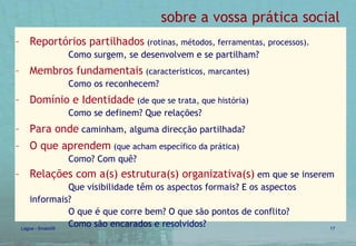 sobre a vossa prática social Reportórios partilhados   (rotinas, métodos, ferramentas, processos).   Como surgem, se desenvolvem e se partilham? Membros fundamentais   (característicos, marcantes)  Como os reconhecem? Domínio e Identidade   (de que se trata, que história)   Como se definem? Que relações?  Para onde   caminham, alguma direcção partilhada? O que aprendem   (que acham específico da prática)   Como? Com quê? Relações com a(s) estrutura(s) organizativa(s)   em que se inserem  Que visibilidade têm os aspectos formais? E os aspectos informais?  O que é que corre bem? O que são pontos de conflito?  Como são encarados e resolvidos? 