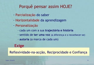 Parcialização  do saber  Horizontalidade  da aprendizagem Personalização cada um com a sua  trajectória e história sentido de  ter uma voz   (a diferença e o reconhecer-se) autoria  (a marca de cada um) Porquê pensar assim HOJE?  Exige  Reflexividade-na-acção, Reciprocidade e   Confiança 