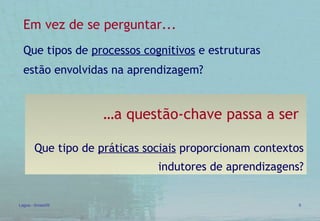 Em vez de se perguntar... Que tipos de  processos cognitivos  e estruturas estão envolvidas na aprendizagem?   … a questão-chave passa a ser   Que tipo de  práticas sociais  proporcionam contextos indutores de aprendizagens? 