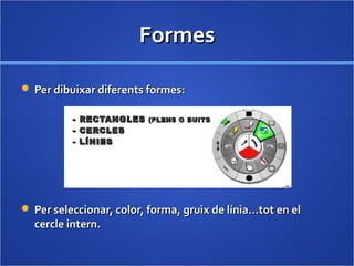 FormesFormes
 Per dibuixar diferents formes:Per dibuixar diferents formes:
 Per seleccionar, color, forma, gruix de línia…tot en elPer seleccionar, color, forma, gruix de línia…tot en el
cercle intern.cercle intern.
 