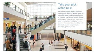 We offer the broadest range of megapixel
cameras (from 1 MP to 29 MP)­that deliver the
best image quality in the industry. Compared
to traditional VGA cameras, Avigilon cameras
effectively and efficiently allow you to cover
wider areas in greater detail using fewer
cameras. The results? Lower installation and
labor costs, and the exceptional value
that only Avigilon can provide.
Take your pick
of the best.
 