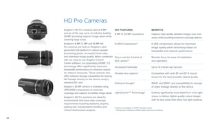 28
KEY FEATURES BENEFITS
8 MP to 29 MP resolutions Capture high-quality, detailed images over vast
areas,while providingmaximumcoverageoptions.
H.264 Compression* H.264 compression allows for maximum
image quality while minimizing impact on
bandwidth and network performance.
Focus and Iris Control of
SLR Lenses**
Remote focus for ease of installation
and operation.
Increased framerate* Up to 12 frames per second.
Flexible lens options* Compatible with both EF and EF-S mount
lenses for the best possible optical quality.
Onboard storage* SDHC and SDXC card compatibility for storage
of video footage directly on the device.
LightCatcherTM
Technology* Collects significantly more detail from a low light
scene, to deliver higher quality colour images
with far less noise than other low light cameras.
HD Pro Cameras
Avigilon’s HD Pro cameras start at 8 MP
and go all the way up to an industry leading
29 MP, providing superior image detail while
covering large areas.
Avigilon’s 8 MP, 12 MP and 16 MP HD
Pro cameras are built on Avigilon’s next-
generation H4 platform to deliver greater
processing power, increased frame rates,
and improved image quality. When combined
with our easy-to-use Avigilon Control
Center software, our proprietary HDSM™ 2.0
technology offers significantly improved
bandwidth performance to minimize impact
on network resources. These cameras also
offer onboard storage capabilities for storing
HD footage directly on the device using a
standard SD card.
Avigilon’s 29 MP camera is available using
JPEG2000 compression to maximize
coverage and capture incredible image detail.
Avigilon’s HD Pro cameras are ideal for
environments that have wide coverage
requirements including stadiums, airports,
parking lots, transportation facilities and
critical infrastructure projects.
*Feature not available on 29 MP resolution model.
** Remote focus offered on 29 MP model, auto focus not offered.
 