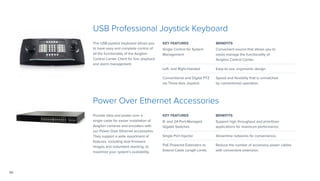 50
USB Professional Joystick Keyboard
The USB joystick keyboard allows you
to have easy and complete control of
all the functionality of the Avigilon
Control Center Client for live, playback
and alarm management.
KEY FEATURES BENEFITS
Single Control for System
Management
Convenient source that allows you to
easily manage the functionality of
Avigilon Control Center.
Left- and Right-Handed Easy-to-use, ergonomic design.
Conventional and Digital PTZ
via Three-Axis Joystick
Speed and flexibility that is unmatched
by conventional operation.
Power Over Ethernet Accessories
Provide data and power over a
single cable for easier installation of
Avigilon cameras and encoders with
our Power Over Ethernet accessories.
They support a wide assortment of
features, including dual firmware
images and redundant stacking, to
maximize your system’s availability.
KEY FEATURES BENEFITS
8- and 24-Port-Managed
Gigabit Switches
Support high throughput and prioritizes
applications for maximum performance.
Single Port Injector Streamline networks for convenience.
PoE Powered Extenders to
Extend Cable Length Limits
Reduce the number of accessory power cables
with convenient extension.
 
