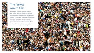 Find scene changes, missing objects,
and events with the industry’s quickest
high-definition video search. Our Avigilon
Control Center, with its simple and intuitive
interface, gives you full control over
surveillance video playback, allowing you
to quickly retrieve evidence and speed
up response times and investigations.
The fastest
way to find.
 