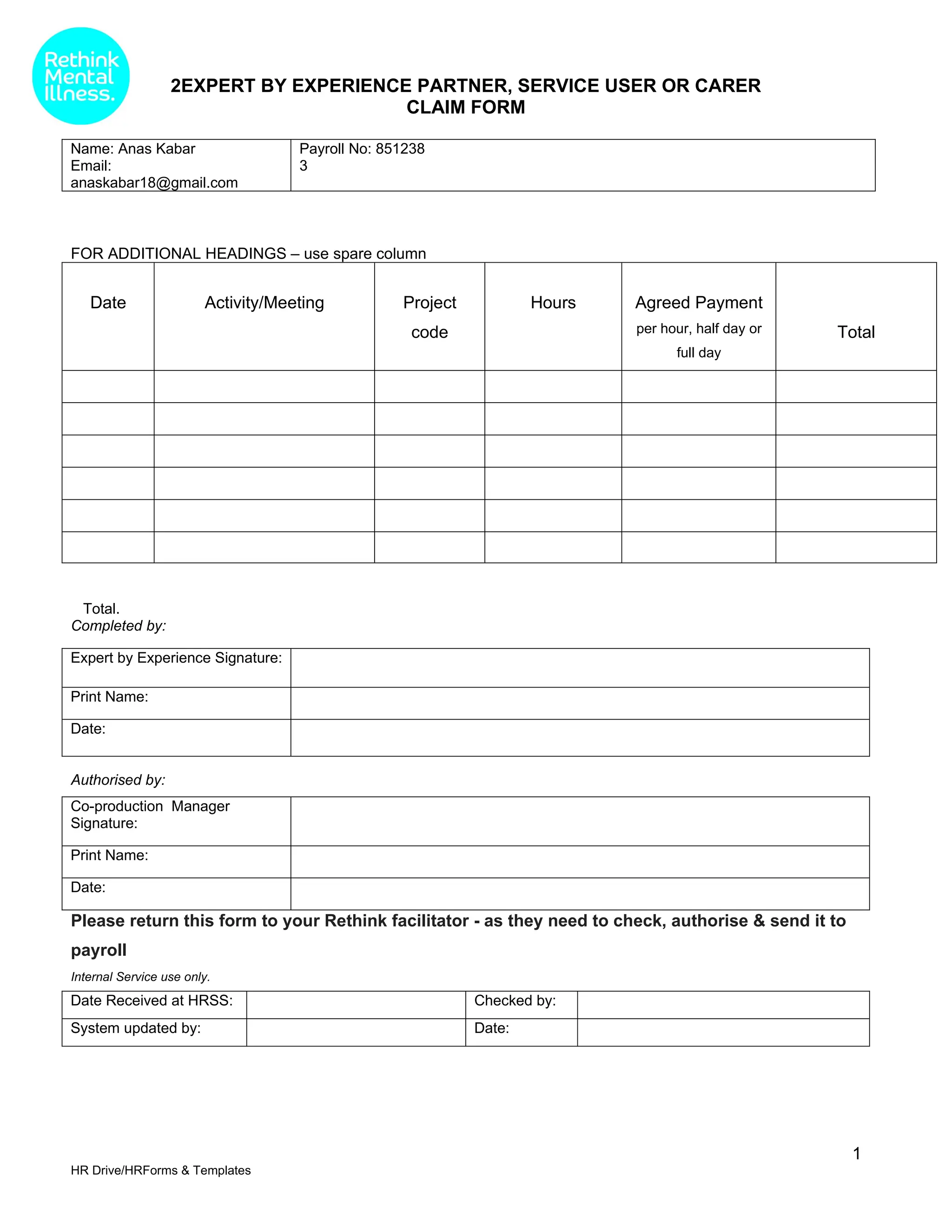 Experts by Experience Expenses Claim Form | DOCX