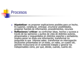 Procesos 
 Hipotetizar: es proponer explicaciones posibles para un hecho. 
Es suponer, conjeturar, anticipar, enumerar posibilidades, 
proponer fuentes de información, procedimientos, recursos 
 Reflexionar/ criticar: es confrontar ideas, hechos y sucesos a 
través de las opiniones y puntos de vista de distintos autores, 
almacenados y resguardados en distintos soportes y portadores. 
Implica poner en duda una información; transformar en 
preguntas lo que interesa saber; transformar en interrogación 
situaciones presentadas en un texto, un video, un cuadro etc. 
permite involucrarse en el contenido tratado y generar los 
indispensables cómo, por qué, dónde, cuándo, cuánto etc. 
 