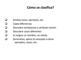 Cómo se clasifica? 
 Analiza casos, ejemplos, etc. 
 Capta diferencias 
 Descubre semejanzas o atributo común 
 Descubre casos diferentes 
 Le asigna un nombre, un rótulo 
 Generaliza, aplica el concepto a otros 
ejemplos, casos, etc. 
 