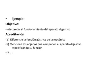 • Ejemplo: 
Objetivo: 
-Interpretar el funcionamiento del aparato digestivo 
Acreditación 
(a) Diferencie la función gástrica de la mecánica 
(b) Mencione los órganos que componen el aparato digestivo 
especificando su función 
(c) ….. 
 