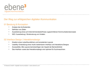 Der Weg zur erfolgreichen digitalen Kommunikation 01 Beratung & Konzeption Analyse des Ist-Zustandes  Definition von Zielen Ausarbeitung eines auf Unternehmensbedürfnisse zugeschnittenen Kommunikationskonzepts SEO: Ausarbeitung / Strukturierung von Inhalten 02 Interface Design / Interaktionsdesign Kreation eines nutzerfreundlichen und konsistenten Layouts Usability :  Entwicklung eines intuitiv bedienbaren Interface und Interaktions-Designs Accessibility :  Alle Layouts berücksichtigen den Aspekt der Barrierefreiheit Das Interface- sowie das Interaktionsdesign sind optimiert für Suchmaschinen © Ebene3 GmbH • Digitale Kommunikation • www.ebene3.com   