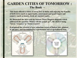 GARDEN CITIES OF TOMORROW :
The Book –
• This book offered a vision of towns free of slums and enjoying the benefits
of both town (such as opportunity, amusement and good wages) and
country (such as beauty, fresh air and low rents).
• He illustrated the idea with his famous Three Magnets diagram which
addressed the question 'Where will the people go?', the choices being
'Town', 'Country' or 'Town-Country'.
• It proposed the creation of new suburban towns of limited size, planned
in advance, and surrounded by a permanent belt of agricultural land.
 