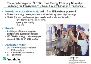 The case for regions: ®LEEN - Local Energy Efficiency Networks –
reducing the transaction cost by mutual exchange of experiences
§  How do the networks operate with 10 to 15 local companies ?
- Phase 1. - energy review, a report, a joint efficiency and mitigation target
- Phase 2: - four meetings per year, moderated, a site visit included
- one technology each meeting,
- yearly monitoring,
- hot line
§  Results :
- doubling of efficiency progress
compared to average of industry
- 180.000 €/a energy cost savings per
site and 10 to 20 €/t CO2 profits
§  Application so far:
- CH: 85 networks; 50% of industrial
CO2-emissions
- D: 60 networks, more to come
- A: 2 networks
 