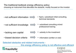 The traditional textbook energy efficiency policy:
choosing an instrument that alleviates the obstacle, mostly focused on the investor
• not sufficient information
• not sufficient knowledge
• lacking own capital
• biased decision criteria
•  flyers, subsidised initial consulting,
technical standards
•  subsidised consulting or/and
professional training
•  subsidy to the investment
•  information (written or oral)
Selected obstacles and related instruments -
this energy efficiency policy is not effective and efficient
 