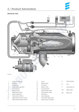 11
Sectional view
1 Hood (CO2
setting)
2 Coupling
3 Control unit
4 Ignition spark generator
5 Flame monitor
6 Solenoid valve
7 Temperature sensor
8 Ignition electrodes
9 Combustion chamber
10 Safety thermal cutout sensor
11 Relay (vehicle blower control)
A Exhaust gases
B Fuel
V Combustion air
WA Water outlet
WE Water inlet
12 Fuses
13 Modular timer
14 Fan wheel
15 Electric motor
16 Fuel connection
17 Nozzle holder heater
18 Fuel atomizer nozzle
19 Flame pipe
20 Heat exchanger
21 “Bus 2000” water pump
22 Exhaust pipe connection
2 / Product Information
Drawing 2
 