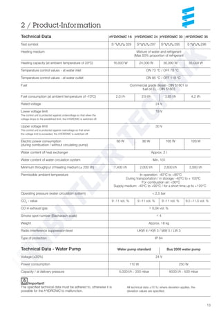 13
Technical Data HYDRONIC 16 HYDRONIC 24 HYDRONIC 30 HYDRONIC 35
Test symbol S 329 S 297 S 295 S 296
Heating medium Mixture of water and refrigerant
(Max 50% proportion of refrigerant
Heating capacity (at ambient temperature of 20ºC) 16,000 W 24,000 W 30,000 W 35,000 W
Temperature control values - at water inlet ON 73 °C / OFF 78 °C
Temperature control values - at water outlet ON 85 °C / OFF 118 °C
Fuel Commercial grade diesel - DIN 51601 or
fuel oil EL - DIN 51603
Fuel consumption (at ambient temperature of -10ºC) 2.0 l/h 2.9 l/h 3,65 l/h 4,2 l/h
Rated voltage 24 V
Lower voltage limit 19 V
The control unit is protected against undervoltage so that when the
voltage drops to the predefined limit, the HYDRONIC is switched off.
Upper voltage limit 30 V
The control unit is protected against overvoltage so that when
the voltage limit is exceeded, the HYDRONIC is switched off .
Electric power consumption 60 W 80 W 105 W 120 W
(during combustion / without circulating pump)
Water content of heat exchanger Approx. 2 l
Water content of water circulation system Min. 10 l
Minimum throughput of heating medium (± 200 l/h) 1,400 l/h 2,000 l/h 2,600 l/h 3,000 l/h
Permissible ambient temperature In operation: -40°C to +85°C
During transportation / in storage: -40ºC to + 100ºC
For combustion air: <60°C
Supply medium: -40°C to +90°C / for a short time up to +120°C
Operating pressure (water circulation system) < 2,5 bar
CO2
- value 9 -11 vol. % 9 -11 vol. % 9 -11 vol. % 9.5 -11.5 vol. %
CO in exhaust gas < 0,04 vol. %
Smoke spot number (Bacharach scale) < 4
Weight Approx. 18 kg
Radio interference suppression level UKW 4 / KW 3 / MW 5 / LW 3
Type of protection IP 64
Technical Data - Water Pump Water pump standard Bus 2000 water pump
Voltage (±20%) 24 V
Power consumption 110 W 250 W
Capacity / at delivery pressure 5,000 I/h - 200 mbar 6000 l/h - 500 mbar
2 / Product-Information
All technical data ±10 %; where deviation applies, the
deviation values are specified.
Important!
The specified technical data must be adhered to, otherwise it is
possible for the HYDRONIC to malfunction.
 