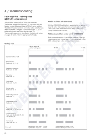 26
Fault diagnosis - flashing code
(LED with series resistor)
The electronic control unit can store up to five faults.
The function or type of fault is output by the control unit as a
flashing code and displayed by an LED (with series resistor).
The LED with series resistor is connected to the cable harness
of the HYDRONIC, using the 8-pin connector, pin 12, blue /
white cable 1 mm² (see wiring diagram page 25).
The remedial measures are described in the fault code tables
on pages 30 to 33 under the appropriate fault code.
Release of control unit when locked
With the HYDRONIC switched on, apply positive for approx. 3
seconds to the 8-pin cable harness connector, pin 13, yellow
/ red 1 mm² cable (external excitation of the water pump)
--> the control unit is unlocked.
Additional variant from control unit 25 1818 53 00 00
Apply positive for approx. 3 seconds to the 8-pin cable har-
ness connector, pin 9, blue / black 1 mm² cable (fault in Bus
2000 water pump) --> the control unit is unlocked.
4 / Troubleshooting
Drawing 20
Flashing code
Light duration - short pulse: 0,4 sec.
Light duration - long pulse: 2,0 sec.
Interval between the pulses: 0.4 sec.
Period of a flashing sequence: 8.0 sec.
400 ms interval at
start of flashing code 8 sec. 16 sec.
Operation without fault
Flame monitor
Fault code 16, 51, 58
Safety time overshoot
Fault code 50 , 52
Flame loss
Fault code 54
Overheating
Fault code 12, 15
Burner motor
Fault code 32, 33
Undervoltage cutout
Fault code 11
Overvoltage cutout
Fault code 10
Temperature sensor
Fault code 14, 60 ,61, 71, 72
Connection fault
Fault code 20, 21, 25, 37 - 39
44 - 49, 80 - 83
Control unit
Fault code 90 - 97
 