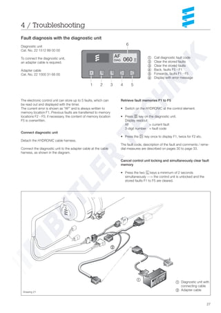 27
The electronic control unit can store up to 5 faults, which can
be read out and displayed with the timer.
The current error is shown as “AF” and is always written to
memory location F1. Previous faults are transferred to memory
locations F2 - F5; if necessary, the content of memory location
F5 is overwritten.
Connect diagnostic unit
Detach the HYDRONIC cable harness.
Connect the diagnostic unit to the adapter cable at the cable
harness, as shown in the diagram.
~ Call diagnostic fault code
Ä Clear the stored faults
Å Clear the stored faults
Ç Back, faults F5 - F1
É Forwards, faults F1 - F5
Ñ= Display with error message
Fault diagnosis with the diagnostic unit
Diagnostic unit
Cat. No. 22 1512 89 00 00
To connect the diagnostic unit,
an adapter cable is required.
Adapter cable
Cat. No. 22 1000 31 66 00
4 / Troubleshooting
Retrieve fault memories F1 to F5
• Switch on the HYDRONIC at the control element.
• Press D key on the diagnostic unit.
Display readout:
AF = current fault
3-digit number = fault code
• Press the f key once to display F1, twice for F2 etc.
The fault code, description of the fault and comments / reme-
dial measures are described on pages 30 to page 33.
Cancel control unit locking and simultaneously clear fault
memory
• Press the two l keys a minimum of 2 seconds
simultaneously ---> the control unit is unlocked and the
stored faults F1 to F5 are cleared.
Drawing 21
~ Diagnostic unit with
connecting cable
Ä Adapter cable
~
 