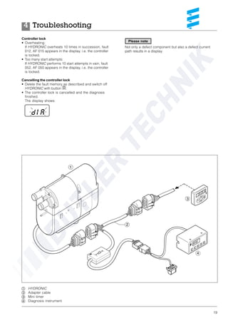19
Troubleshooting4
Please note
ቢ HYDRONIC
ባ Adapter cable
ቤ Mini timer
ብ Diagnosis instrument
Controller lock
• Overheating:
If HYDRONIC overheats 10 times in succession, fault
012, AF 015 appears in the display, i.e. the controller
is locked.
• Too many start attempts:
If HYDRONIC performs 10 start attempts in vain, fault
052, AF 050 appears in the display, i.e. the controller
is locked.
Cancelling the controller lock
• Delete the fault memory as described and switch off
HYDRONIC with button D.
• The controller lock is cancelled and the diagnosis
finished.
The display shows:
Not only a defect component but also a defect current
path results in a display.
 
