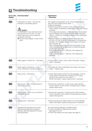 25
032
038
039
041
042
047
048
050
Error code Fault description
Display
Explanations
• Remedies
Combustion air motor – short circuit,
overload or accidental ground
Caution
In HYDRONIC 12 volt, perform the func-
tion test with max. 8.2 volt + 0.2 volt.
Check that plus an minus leads are
connected correctly.
è Ensure mains adapter is short-circuit
proof.
Relay trigger of vehicle fan – interruption
Relay trigger of vehicle fan – short
circuit, overload or accidental ground
Water pump – interruption
Water pump – short circuit, overload or
accidental ground
Dosing pump – short circuit, overload or
accidental ground
Dosing pump – interruption
Operation lock because of too many
failed starting attempts (10 starting
attempts, also start repetition for every
starting attempt)
Fan impeller of combustion air fan motor blocked (frozen,
dirty, stiff, lead chafes at end of shaft …).
• Remove blockage.
• Before checking the functions of the combustion air fan
motor, perform a resistance measurement between housing
and lead.
If the measured resistance < 2 kW, then there is accidental
ground. Replace the combustion air fan. If the measured
value is > 2 kW, then measure the speed of the combustion
air fan motor.
• Measure speed of combustion air fan motor with max.
8.2 volt + 0.2 volt. To do so, unclip cable 0.752
brown from
chamber 14 of 14-pole connector and cable 0.752
black
from chamber 13.
Affix a marking to the shaft end of the combustion air fan
motor and measure the speed with a contact-free speed
counter (see page 36).
If the measured speed < 1000 rpm, then replace the
combustion air fan.
If the measured speed > 1000 rpm, then replace the
controller.
• Check electric lead to relay, rectify interruption, replace
relay if necessary.
• Pull relay off; if error code 038 is then shown, the relay is
defect – replace relay.
• Check lead to water pump for current passage. To do so,
unclip cable 0.52
brown from chamber 10 of 14-pole
connector and cable 0.52
from cable 11.
Rectify interruption, replace water pump if necessary.
• Disconnect connection in water pump cable harness.
If error code 041 is then shown, the water pump is defect –
replace water pump.
• Disconnect connection in dosing pump cable harness.
If error code 048 is then shown, the dosing pump is defect –
replace dosing pump.
• Check dosing pump cable harness for current passage.
Rectify interruption, replace dosing pump if necessary.
Too many starting attempts, controller locked.
• Unlock controller by deleting fault memory
(see page 18 to 21).
• Check fuel quantity and fuel supply, see page 41.
Troubleshooting4
 