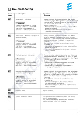 27
090
092–103
Flame sensor – interruption
The test with a bridge in the 14-pole
connector can only be performed if
HYDRONIC is still installed in the
vehicle or if a test facility is available.
Flame sensor – short-circuit, overload or
accidental ground
The test with a bridge in the 14-pole
connector can only be performed if
HYDRONIC is still installed in the
vehicle or if a test facility is available.
Overheating sensor – interruption
The test with a bridge in the 14-pole
connector can only be performed if
HYDRONIC is still installed in the
vehicle or if a test facility is available.
Overheating sensor – short-circuit,
overload or accidental ground
The test with a bridge in the 14-pole
connector can only be performed if
HYDRONIC is still installed in the
vehicle or if a test facility is available.
Controller defect
External interference voltage
• Remove controller and check connection lead of flame
sensor for any signs of damage. If the lead is OK, then short
the flame sensor: route the cable in the 14-pole connector
from chamber 1 to chamber 2.
Switch HYDRONIC on:
– If error code 065 appears, then remove and check flame
sensor, see page 34.
– If error code 064 still appears, then check and if
necessary replace controller.
• Remove controller and check connection lead of flame
sensor for any signs of damage. If the lead is OK, then
remove the 14-pole connector from controller, unclip cable
0.52
blue from chamber 1 and cable 0.52
brown from
chamber 2.
Connect 14-pole connector to controller and switch
HYDRONIC on.
– If error code 064 appears, then remove and check flame
sensor, see page 34.
– If error code 065 appears, then check and if necessary
replace controller.
• Remove controller and check connection lead of overheat-
ing sensor for any signs of damage. If the lead is OK, then
short the overheating sensor: route the cable in the 14-pole
connector from chamber 5 to chamber 6.
Switch HYDRONIC on:
– If error code 072 appears, then remove and check
overheating sensor, see page 38.
– If error code 071 still appears, then check and if
necessary replace controller.
• Remove controller and check connection lead of overheat-
ing sensor for any signs of damage. If the lead is OK, then
remove the 14-pole connector from controller, unclip cable
0.52
red from chamber 5 and cable 0.52
red from
chamber 6.
Connect 14-pole connector to controller and switch
HYDRONIC on.
– If error code 071appears, then remove and check
overheating sensor, see page 38.
– If error code 072appears, then check and if necessary
replace controller.
Replace controller.
Error in controller from interference voltage from vehicle
network, possible causes:
poor batteries, poor battery chargers, other interference
sources; eliminate interference voltages.
064
065
071
072
091
Error code Fault description
Display
Explanations
• Remedies
Troubleshooting4
Please note
Please note
Please note
Please note
 