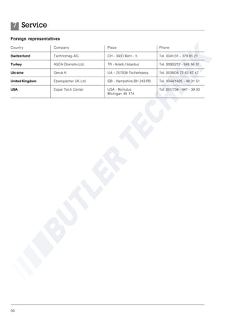50
Service7
Foreign representatives
Country Company Place Phone
Switzerland Technomag AG CH - 3000 Bern - 5 Tel. 0041/31 - 379 81 21
Turkey ASCA Otomotiv Ltd. TR - Ikitelli / Istanbul Tel. 0090/212 - 549 86 31
Ukraine Geruk K UA - 257008 Tscherkassy Tel. 0038/04 72 63 87 47
UnitedKingdom Eberspächer UK Ltd. GB - Hampshire BH 243 PB Tel. 0044/1425 - 48 01 51
USA Espar Tech Center USA - Romulus Tel. 001/734 - 947 - 39 00
Michigan 48 174
 