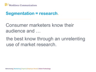 Segmentation = research.
Consumer marketers know their
audience and …
the best know through an unrelenting
use of market research.
 