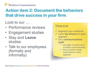 Action item 2: Document the behaviors
that drive success in your firm.
Look to our …
• Performance reviews
• Engagement studies
• Stay and Leave
studies
• Talk to our employees
(formally and
informally)
Things to do
 Segment your workforce
 Learn the drivers for each
segment
 Do a communications
audit
 see gaps in what you’re
currently communicating
 find out which media
works best for each
segment
 