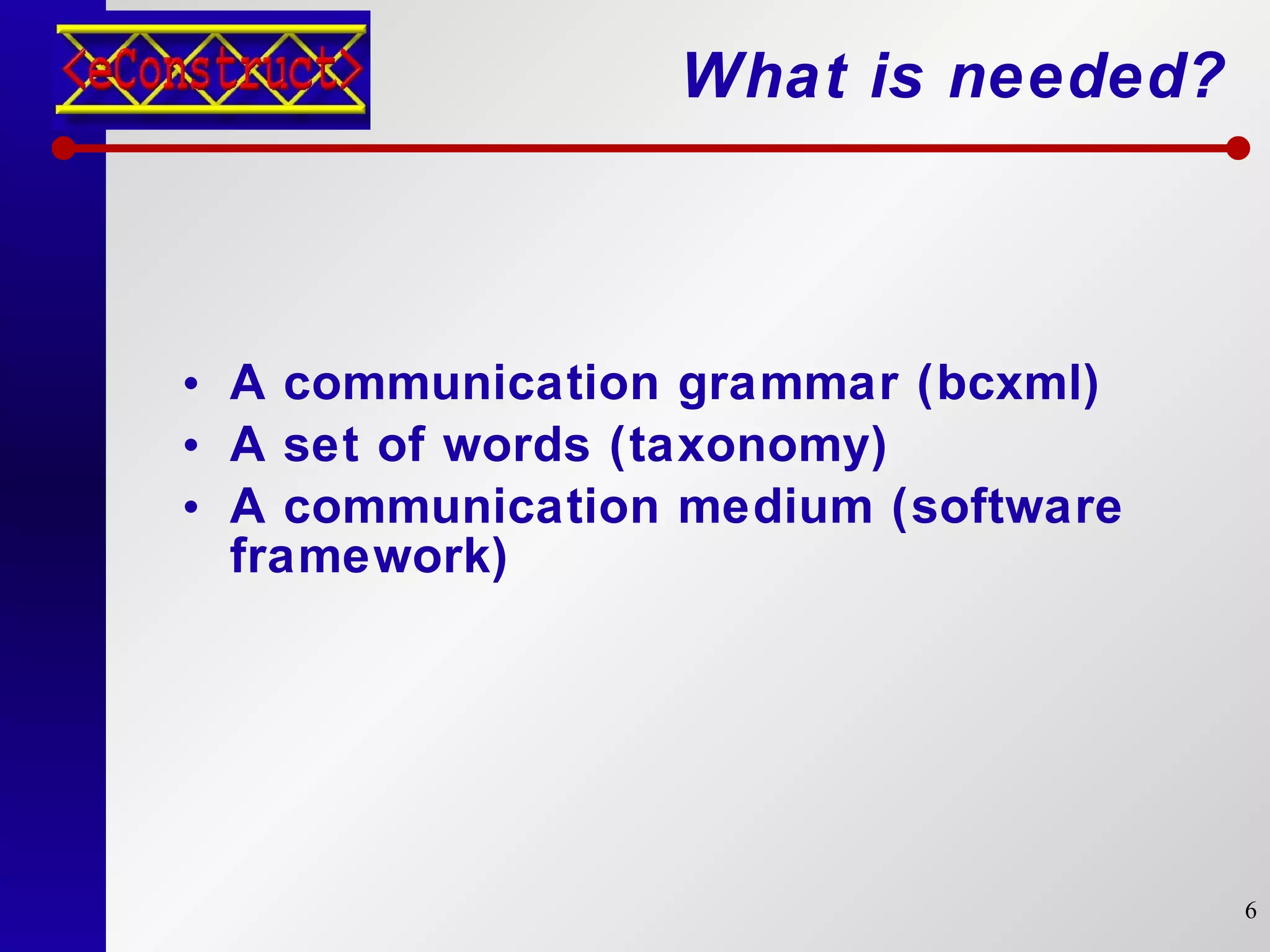 What is needed? A communication grammar (bcxml) A set of words (taxonomy) A communication medium (software framework) 