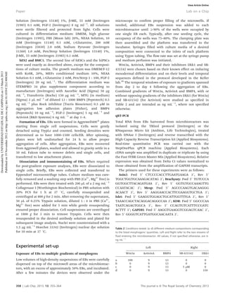 Solution (Invitrogen 15140) 1%, b-ME, 55 mM (Invitrogen
21985) 0.1 mM, FGF-2 (Invitrogen) 8 ng ml21
. All solutions
were sterile filtered and protected from light. Cells were
cultured in differentiation medium: DMEM, high glucose
(Invitrogen 11995), FBS (Moon lab) 20%, NEAA Solution, 10
mM (Invitrogen 11140) 0.1 mM, L-Glutamine, 200 mM
(Invitrogen 25030) 2.0 mM, Sodium Pyruvate (Invitrogen
11360) 1.0 mM, Pen/Strep Solution (Invitrogen 15140) 1%,
b-ME, 55 mM (Invitrogen 21985) 0.1 mM.
hES2 and BMC1. The second line of hESCs and the hiPSCs
were used exactly as described above, except for the composi-
tions of culture media. The growth medium was DMEM/F-12
with KoSR, 20%, MEFs conditioned medium 10%, NEAA
Solution 0.1 mM, L-Glutamine 2 mM, Pen/Strep 1 : 100, FGF-2
(Invitrogen) 20 ng mL21
. The differentiation medium was
STEMPRO 34 plus supplement component according to
manufacture (Invitrogen) with Ascorbic Acid (Sigma) 50 mg
mL21
, Transferrin (Roche) 150 mg mL21
, MTG (in medium)
(Sigma) 3 mL ml21
of diluted 13 : 1000 BMP4 (Peprotech) 0.5
ng mL21
plus Rock inhibitor (Tocris Bioscience) 0.5 mM in
aggregation low adhesion plates (Fisher), and BMP4
(Peprotech) 10 ng mL21
, FGF-2 (Invitrogen) 5 ng mL21
and
ActivinA (R&D Systems) 6 ng mL21
at day 1–4.
Formation of EBs. EBs were formed in Aggrewell4001
plates
starting from single cell suspensions. Cells were gently
detached using TrypLe and counted. Seeding densities were
determined as to have 1000–1500 cells/EB. After spinning,
plates were left undisturbed for 24 h to allow proper
aggregation of cells. After aggregation, EBs were recovered
from Aggrewell plates, washed and allowed to gravity settle in a
50 mL Falcon tube to remove debris and single cells, and
transferred to low attachment plates.
Dissociation and immunostaining of EBs. When required
for post-gradient exposure analyses, EBs were dissociated to
single cells. Briefly, EBs were collected and transferred to
Eppendorf microcentrifuge tubes. Culture medium was care-
fully removed and a washing step with PBS (Ca2+
, Mg2+
free) is
performed. EBs were then treated with 200 mL of a 2 mg mL21
Collagenase I (Worthington Biochemical) in PBS solution with
20% FCS for 1 h at 37 uC, carefully resuspended and
centrifuged at 800 g for 2 min. After removing the supernatant,
50 mL of 0.25% Trypsin solution, diluted 1 : 4 in PBS (Ca2+
,
Mg2+
free) were added for 5 min while gentle resuspending
ensured proper dissociation. Cell suspensions are centrifuged
at 1800 g for 3 min to remove Tryspin. Cells were then
resuspended in the desired antibody solution and plated for
subsequent image analysis. Nuclei were counterstained with a
1.5 mg mL21
Hoechst 33342 (Invitrogen) nuclear dye solution
for 10 min at 37 uC.
Experimental set-up
Exposure of EBs to multiple gradients of morphogens
Low volumes of high-density suspensions of EBs were carefully
dispersed on top of the microwell areas of the microbioreac-
tors, with an excess of approximately 50% EBs, and incubated.
After a few minutes the devices were observed under the
microscope to confirm proper filling of the microwells. If
needed, additional EBs suspension was added to each
microbioreactor until ¢90% of the wells were occupied by
one single EB each. Typically, after one seeding cycle, the
occupancy of the wells was 75–80%. The clamping plate was
then assembled and the platform was transferred to the
incubator. Syringes filled with culture media of a desired
composition were connected to the inlets of each platform
using Tygon tubing. The flow rate was set at the syringe pump
and medium perfusion was initiated.
Wnt3a, ActivinA, BMP4 and their inhibitors Dkk1 and SB-
431542 were chosen based on their known effect on inducing
mesodermal differentiation and on their levels and temporal
sequences defined in the protocol developed in the Keller
lab.30
The temporal windows of exposure to gradients spanned
from day 2 to day 4 following the aggregation of EBs.
Combined gradients of Wnt3a, ActivinA and BMP4, with or
without opposing gradients of the inhibitors Dkk1 (for Wnt3a)
and SB-431542 (for ActivinA) were studied as specified in
Table 2 and are intended as ng mL21
, where not specified
otherwise.
qRT-PCR
Total RNA from EBs harvested from microbioreactors was
isolated using the TRIzol protocol (Invitrogen) or the
RNaqueous Micro kit (Ambion, Life Technologies), treated
with DNAse I (Invitrogen) and reverse transcribed with the
High Capacity Reverse Transcription kit (Applied Biosystems).
Real-time quantitative PCR was carried out with the
StepOnePlus qPCR machine (Applied Biosystems). Each
cDNA sample was amplified in duplicate or triplicate by using
the Fast SYBR Green Master Mix (Applied Biosystems). Relative
expression was obtained from Delta Ct values normalized to
those obtained from the amplification of GAPDH transcripts.
The primers used for these experiments were as follows:
Axin2: Fwd 59 CTCCCCACCTTGAATGAAGA 39, Rev 59
TGGCTGGTGCAAAGACATAG 39; Brachyury: Fwd 59 TGTCCCA
GGTGGCTTACAGATGAA 39, Rev 59 GGTGTGCCAAAGTTG
CCAATACAC 39; Mesp: Fwd 59 AGCCCAAGTGACAAGGG
ACAACT 39, Rev 59 AAGGAACCACTTCGAAGGTGCTGA 39;
Islet: Fwd 59 GAAGGTGGAGCTGCATTGGTTTGA 39, Rev 59
TAAACCAGCTACAGGACAGGCCAA 39; KDR: Fwd 59 GGCCCAA
TAATCAGAGTGGCA 39, Rev: 59 CCAGTGTCATTTCCGATC
ACTTT 39; GAPDH: Fwd 59 AAGGTGAAGGTCGGAGTCAAC 39,
Rev 59 GGGGTCATTGATGGCAACAATA 39.
Table 2 Conditions tested. (a–d) different medium-compositions corresponding
to the listed morphogens’ quantities. Left and Right refer to the two streams of
fluid entering the microbioreactor. All values, if not specified otherwise, are in
ng mL21
Left Right
Wnt3a ActivinA BMP4 SB-431542 Dkk1
a 100 9 13 0 0
b 0 9 13 0 0
c 0 9 13 5 mM 0
d 0 9 13 0 150
358 | Lab Chip, 2013, 13, 355–364 This journal is ß The Royal Society of Chemistry 2013
Paper Lab on a Chip
DownloadedbyUNIVERSIDADESTADUALDECAMPINASon13March2013
Publishedon19November2012onhttp://pubs.rsc.org|doi:10.1039/C2LC40836H View Article Online
 
