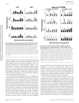 of factors evolving in space and time.4
The EBs can respond by
‘proper’ activation of the mesodermal key genes only if and
when exposed to the correct levels of cytokines. The use of
inhibitors confirmed the non-proportional response in the
cultured EBs. Correlations and mismatches between expres-
sion levels of activated genes following precise spatial-
temporal stimulation suggest induction of specific differentia-
tion programs. Snapshots of relative gene expression levels at
defined times post-exposure to the concentration gradients
were compatible with previous data.37
Several publications reporting devices for screening of
molecular factors in cell culture can be found in the literature,
among which we cite the work of Kim et al.38
However, the
biological questions we investigated required the development
of the novel microfluidic device we describe here that is
different from previously reported systems in several respects.
First, we performed 3D culture while most other systems allow
only for 2D culture. Second, our seeding method by docking of
EBs does not expose the cells to shear stress, while other
systems38
employ dynamic loading of the cells. In addition,
the biological samples are easily retrieved from our device at
any time during culture, something that is not typically
possible with other systems. Finally, the high throughput
characteristics of our system reside with the large number of
replicates: ¢10 EBs per condition were tested in each
microbioreactor, whereas most of the existing devices generate
matrices of different conditions with one single sample per
condition. For a study like ours, the intrinsic variability of the
cell phenotypes requires significant numbers of replicates for
assessing statistical differences between the groups.
Some of the interesting future directions include: (i)
estimating the effects of compensatory mechanisms and (ii)
endogenously produced signaling molecules on upstream and
downstream effects in neighboring EBs occupying microwells
of the same row. The potential compensatory mechanisms
activated by a biological system (a differentiating EB in our
case) when exposed to defined levels of induction media, could
be partially responsible for the lack of direct proportionality
between gene expression and morphogen concentrations. This
effect could be EB-autonomous (i.e., with a single EB activating
its own compensation) or due to a cross-talk between adjacent
EB microenvironments, with secretion of diffusing factors that
Fig. 6 Expression of mesodermal genes on hES2- and BMC1-derived EBs
following combined Wnt3a/ActivinA/BMP4 gradients exposure. Levels of
gene expression, determined by qPCR and relative to GAPDH, are shown for
representative mesodermal and mesendodermal genes following exposure of
hESC (hES2 line, left) and hiPSC (BMC1 line, right) to a combined Wnt3a/
ActivinA/BMP4 gradient. EBs were subjected to a stable gradient of the three
morphogens for 24 h between day3 and day4 since initiation of differentiation.
Medium compositions were as in condition ‘b’ of Table 2. Statistical significance
was measured comparing data points to the values in microwell 1. *p , 0.05,
**p , 0.005.
Fig. 7 q-PCR of mesodermal genes in hES2- and BMC1-derived EBs
following exposure to opposing gradients of ActivinA/BMP4 and SB-
431542 or Dkk1. Quantification of the expression level, normalized to GAPDH,
of representative mesodermal and mesendodermal genes comparing control
experiments, performed without opposing inhibitors-gradients, with double-
gradients runs with inhibitors. hESCs (hES2 line) are shown on the left and
hiPSCs (BMC1 line) on the right. EBs were subjected to a stable gradient of the
two morphogens for 24 h between day3 and day4 of induction. Medium
compositions were as in condition ‘c’ (left column) and ‘d’ (right column) of
Table 2. Statistical significance was measured comparing pairs of data points
obtained from control experiment and the corresponding inhibitor-based
gradient for each microwell. *p , 0.05, **p , 0.005.
362 | Lab Chip, 2013, 13, 355–364 This journal is ß The Royal Society of Chemistry 2013
Paper Lab on a Chip
DownloadedbyUNIVERSIDADESTADUALDECAMPINASon13March2013
Publishedon19November2012onhttp://pubs.rsc.org|doi:10.1039/C2LC40836H View Article Online
 