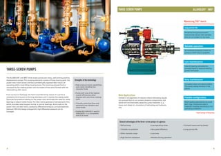 THREE-SCREW PUMPS
THREE-SCREW PUMPS
Strengths of the technology
n
n
n
High pressure boost capabilities
even when handling low
viscosity fluids
Pump with one of the highest
overall efficiencies when
aligned with only three rotating
parts
Virtually pulse-free flow with
extremely low vibration and
noise levels
Fulfills ISO 2005:8217 and EU-
2005/33/EC, e. g. compatible
with ECA areas
n
Long service life
Hardened and ground screws;
hydraulically driven idler spindles
that are not subject to any wear.
Reliable operation
As overload protection a built-on-
pressure relief valve is possible.
Low maintenance
Complete insert unit dismountable.
The pump casing remains in the
piping.
Shaft sealing alternatively by shaft
seal rings, mechanical seal or
magnetic coupling according to the
operating conditions.
Easy maintenance
Flexible configuration
General advantages of the three-screw pumps at a glance:
n n n
n n
n n
n n
Self-priming Low operating noise Compact space-saving design
Virtually no pulsation Very good efficiency Long service life
Wide viscosity range Low wear
High thermal resistance Reliable during operation
n
Maximizing TSO* due to
Main Applications
Utilized in all segments of industry where lubricating liquids
are pumped that do not contain abrasive components, and
which will not chemically attack the pump materials, e. g.
heavy and diesel oil, circulation of lubricating and hydraulic
oils.
® ®
The ALLWEILER and IMO three-screw pumps are rotary‚ self-priming positive
displacement pumps.The pumping elements consist of three moving parts: the
power rotor (main screw) and two symmetrically opposed idler rotors‚ all
operating within close fitting housing bores.The incoming process fluid is
conveyed by the rotating power rotor by means of the cavity formed with the
intermeshing idler rotors.
From suction to discharge, the fluid is transferred by means of a series of
constantly forming and re-forming chambers until it reaches the casing outlet.
Symmetrical pressure loading on the power rotor eliminates the need for radial
bearings to absorb radial forces.The idler rotors generate a hydrodynamic film,
which provides radial support similar to journal bearings. Axial loads on the
power rotor and idler rotors‚ created by differential pressure‚ are hydrostatically
balanced. With this design arrangement, high differential pressures can be
managed.
Internal bearing lubricated by
pumped liquid or external bearing
grease lubricated.
8 9
*Total Savings of Ownership
®
ALLWEILER IMO®
 