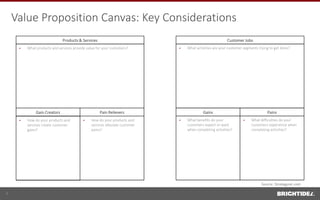 Products & Services
Gain Creators Pain Relievers
Customer Jobs
Gains Pains
 What products and services provide value for your customers?  What activities are your customer segments trying to get done?
 How do your products and
services create customer
gains?
 How do your products and
services alleviate customer
pains?
 What benefits do your
customers expect or want
when completing activities?
 What difficulties do your
customers experience when
completing activities?
Value Proposition Canvas: Key Considerations
Source: Strategyzer.com
4
 