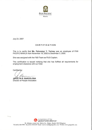 Pan Pacific Manila Certification