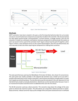 (a) (b)
Figure 1. Solar Panel Characteristics
Methods
MPPT controllers have been created in the past, so the first step that had to be taken for us to create
one was to researchwhatmaincomponentsare typicallyincludedinthe controller. We discovered that
our best option would include a microcontroller, a current monitor, a voltage monitor, and a DC-DC
converter.A model sun,solarpanel,andloadare necessary components to demonstrate the system as
well, but would not be a part of the controller itself. Figure 2 shows how the parts fit together, while
Figure 3 shows a more detailed version of this system block diagram. Once this was determined, the
next step was to look into either acquiring the components or making them ourselves.
Figure 2. System Block Diagram
The solar panel that was used was the MotoMaster Eliminator (15 Watts, 1A), chosen for convenience.
The solar panel was readily available in the adjacent lab and there was a model sun to use with it.
Anotheralternativewasamuch smallersolarpanel, which would not produce enough power to create
the IV graphwe wishedtoproduce.The lastalternative wasthe solarpanel inthe sub-basement of Link
Hall whichhad a model sunalreadyattachedtoit. We did not use this last alternative because it was in
an inconvenient location and there were no added benefits over the first choice.
The DC-DC converter used was a Buck converter. This converter steps down the voltage of the solar
panel to achieve the maximum power. The alternatives are using either a Boost converter or a Buck-
Boostconverter.A Boost converterstepsupthe voltage of the solarpanel andwouldresultininefficient
 
