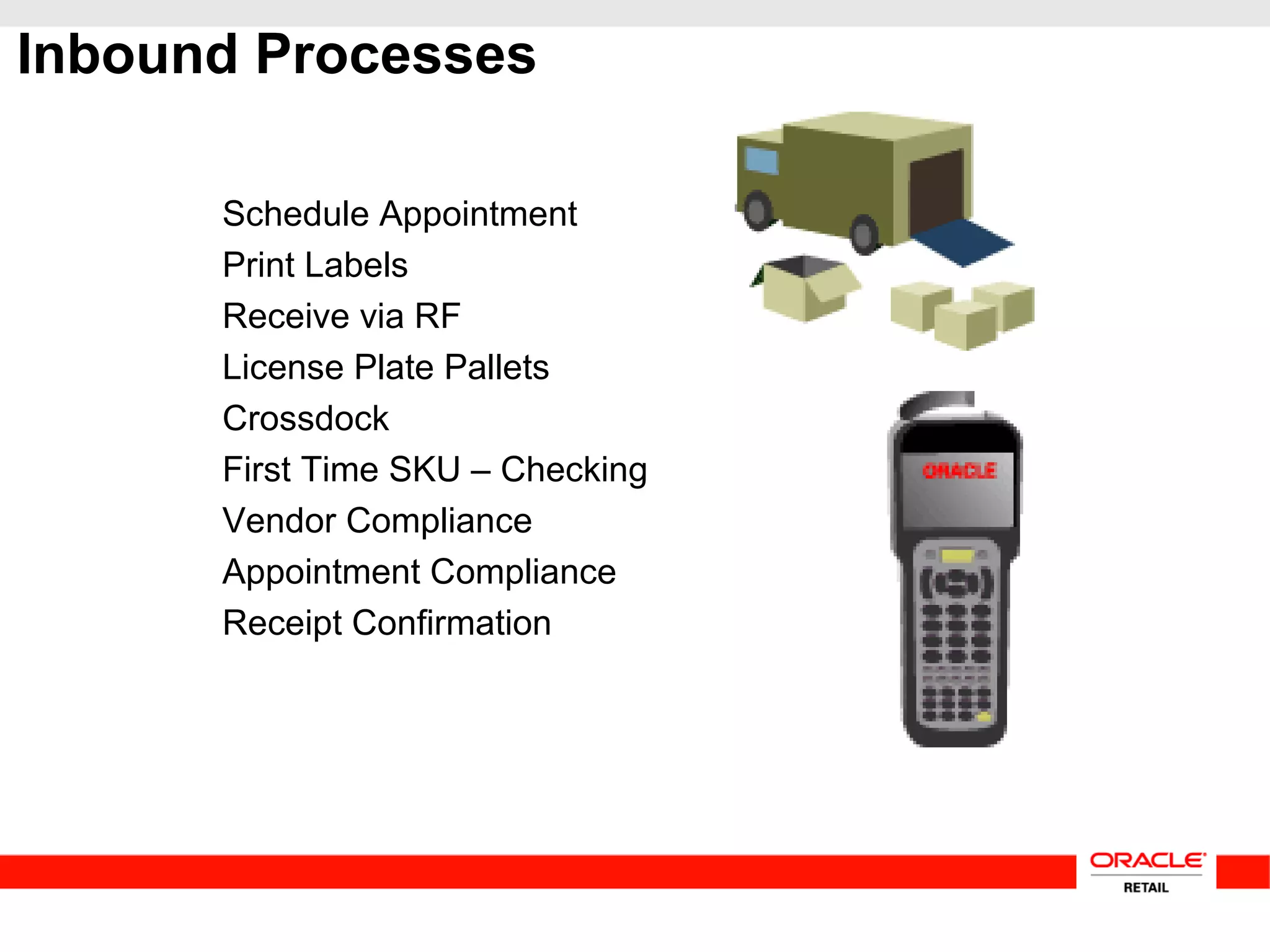 Inbound Processes
Schedule Appointment
Print Labels
Receive via RF
License Plate Pallets
Crossdock
First Time SKU – Checking
Vendor Compliance
Appointment Compliance
Receipt Confirmation
 