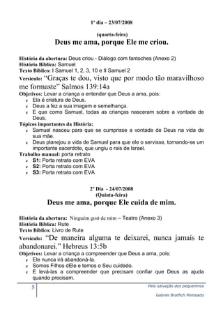 1º dia – 23/07/2008
(quarta-feira)

Deus me ama, porque Ele me criou.
História da abertura: Deus criou - Diálogo com fantoches (Anexo 2)
História Bíblica: Samuel
Texto Bíblico: I Samuel 1, 2, 3, 10 e II Samuel 2

“Graças te dou, visto que por modo tão maravilhoso
me formaste” Salmos 139:14a
Versículo:

Objetivos: Levar a criança a entender que Deus a ama, pois:
✗ Ela é criatura de Deus.
✗ Deus a fez a sua imagem e semelhança.
✗ E que como Samuel, todas as crianças nasceram sobre a vontade de
Deus.
Tópicos importantes da História:
✗ Samuel nasceu para que se cumprisse a vontade de Deus na vida de
sua mãe.
✗ Deus planejou a vida de Samuel para que ele o servisse, tornando-se um
importante sacerdote, que ungiu o reis de Israel.
Trabalho manual: porta retrato
✗ S1: Porta retrato com EVA
✗ S2: Porta retrato com EVA
✗ S3: Porta retrato com EVA
2º Dia - 24/07/2008
(Quinta-feira)

Deus me ama, porque Ele cuida de mim.
História da abertura: Ninguém gost de mim – Teatro (Anexo 3)
História Bíblica: Rute
Texto Bíblico: Livro de Rute

“De maneira alguma te deixarei, nunca jamais te
abandonarei.” Hebreus 13:5b
Versículo:

Objetivos: Levar a criança a compreender que Deus a ama, pois:
✗ Ele nunca irá abandoná-la.
✗ Somos Filhos dEle e temos o Seu cuidado.
✗ E levá-las a compreender que precisam confiar que Deus as ajuda
quando precisam.

5

Pela salvação dos pequeninos
Gabriel Bratfich Penteado

 