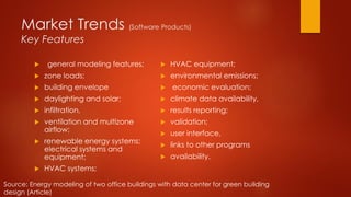 Market Trends (Software Products)
Key Features
 general modeling features;
 zone loads;
 building envelope
 daylighting and solar;
 infiltration,
 ventilation and multizone
airflow;
 renewable energy systems;
electrical systems and
equipment;
 HVAC systems;
 HVAC equipment;
 environmental emissions;
 economic evaluation;
 climate data availability,
 results reporting;
 validation;
 user interface,
 links to other programs
 availability.
Source: Energy modeling of two office buildings with data center for green building
design (Article)
 