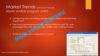 Market Trends (Software Products)
Hourly analysis program (HAP)
 configuring and controlling air-side HVAC systems and terminal
equipment.
 Part-load performance models are provided for split DX units,
packaged DX units, heat pumps, chillers and cooling towers.
 Hydronic loops are configured in 2 ways!
www.commercial.carrier.com
 