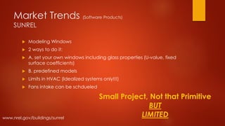 Market Trends (Software Products)
SUNREL
 Modeling Windows
 2 ways to do it:
 A. set your own windows including glass properties (U-value, fixed
surface coefficients)
 B. predefined models
 Limits in HVAC (Idealized systems only!!!)
 Fans intake can be schdueled
www.nrel.gov/buildings/sunrel
Small Project, Not that Primitive
BUT
LIMITED
 