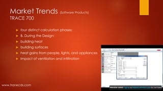 Market Trends (Software Products)
TRACE 700
 four distinct calculation phases:
 B. During the Design:
 building heat
 building surfaces
 heat gains from people, lights, and appliances
 Impact of ventilation and infiltration
www.tranecds.com
 