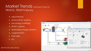 Market Trends (Software Products)
TRNSYS, TRNSYS library
 solar thermal
 photovoltaic systems,
 low energy buildings
 HVAC systems,
 renewable energy systems,
 cogeneration,
 Fuel cells,
 Etc.
sel.me.wisc.edu/trnsys
 