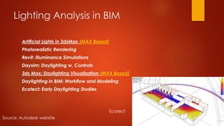 Lighting Analysis in BIM
Artificial Lights in 3dsMax (MAX Based)
Photorealistic Rendering
Revit: Illuminance Simulations
Daysim: Daylighting w. Controls
3ds Max: Daylighting Visualization (MAX Based)
Daylighting in BIM: Workflow and Modeling
Ecotect: Early Daylighting Studies
Source: Autodesk website
Ecotect
 