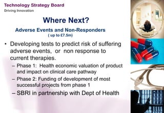 Driving Innovation


                     Where Next?
      Adverse Events and Non-Responders
                      ( up to £7.5m)

• Developing tests to predict risk of suffering
  adverse events, or non response to
  current therapies.
    – Phase 1: Health economic valuation of product
      and impact on clinical care pathway
    – Phase 2: Funding of development of most
      successful projects from phase 1
    – SBRI in partnership with Dept of Health
 