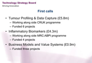 Driving Innovation


                            First calls

   • Tumour Profiling & Data Capture (£5.8m)
       – Working along side CRUK programme
       – Funded 6 projects
   • Inflammatory Biomarkers (£4.3m)
       – Working along side MRC:ABPI programme
       – Funded 4 projects
   • Business Models and Value Systems (£0.9m)
       – Funded three projects
 