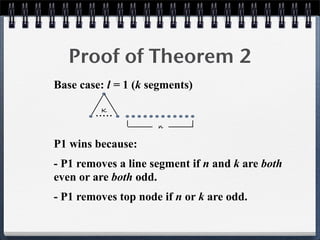 Proof of Theorem 2
Base case: l = 1 (k segments)
P1 wins because:
- P1 removes a line segment if n and k are both
even or are both odd.
- P1 removes top node if n or k are odd.
n
.....K
 