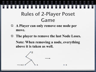 Rules of 2-Player Poset
Game
A Player can only remove one node per
move.
The player to remove the last Node Loses.
Note: When removing a node, everything
above it is taken as well.
y
x z z
 