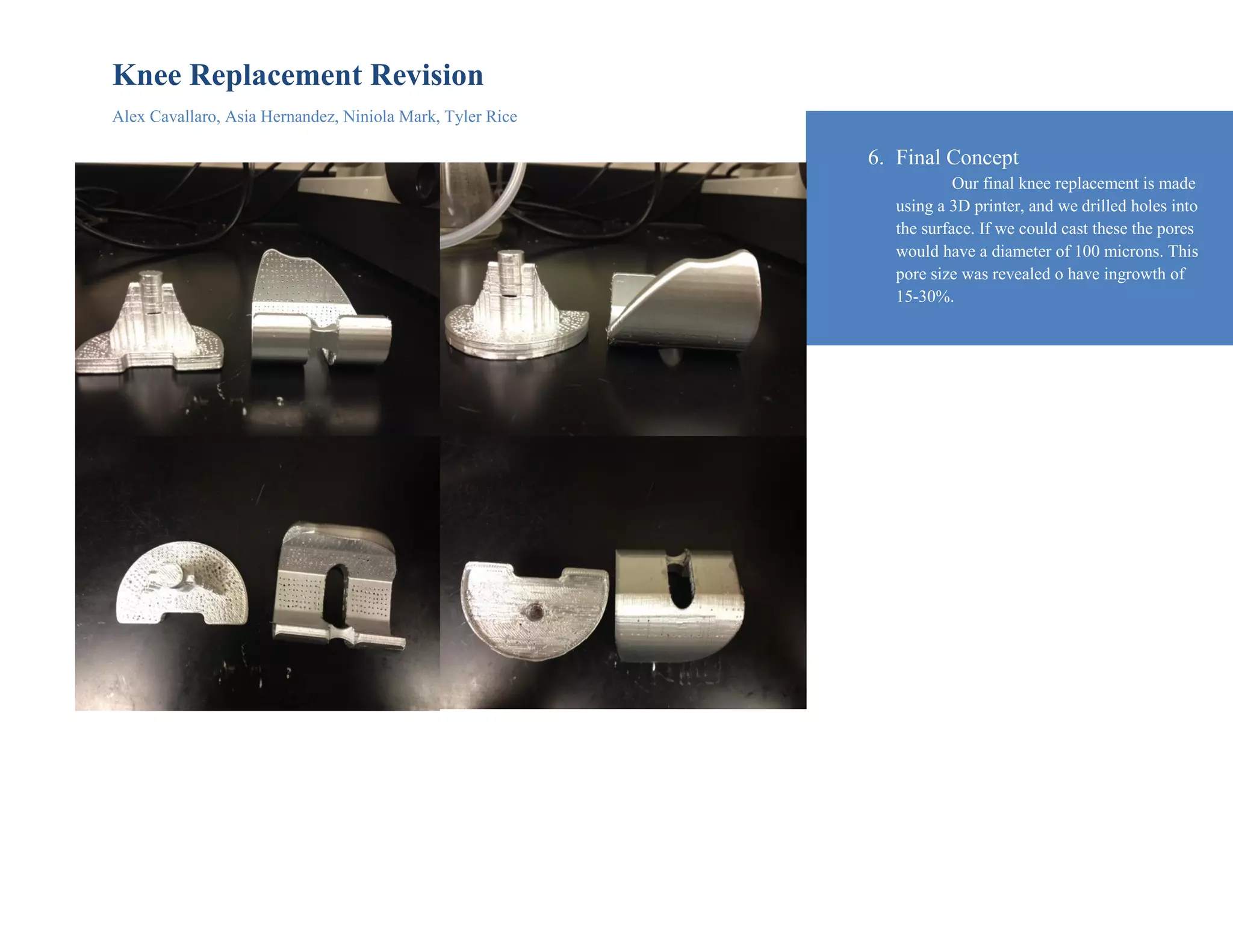 Knee Replacement Revision
Alex Cavallaro, Asia Hernandez, Niniola Mark, Tyler Rice
6. Final Concept
Our final knee replacement is made
using a 3D printer, and we drilled holes into
the surface. If we could cast these the pores
would have a diameter of 100 microns. This
pore size was revealed o have ingrowth of
15-30%.
 