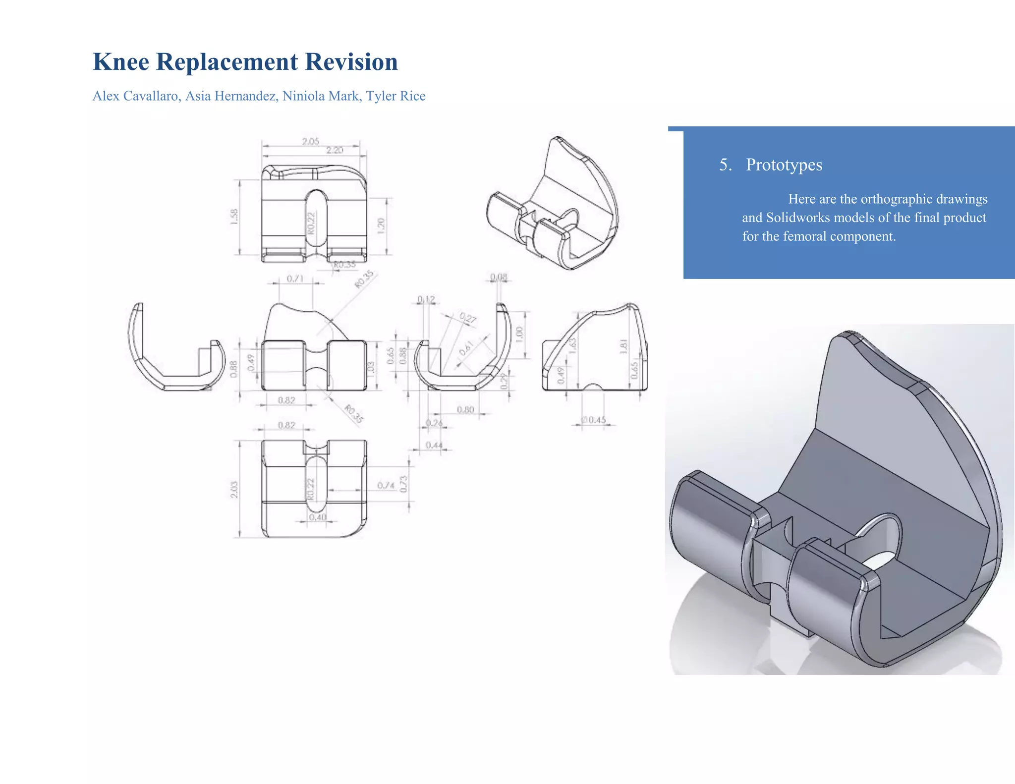 Knee Replacement Revision
Alex Cavallaro, Asia Hernandez, Niniola Mark, Tyler Rice
5. Prototypes
Here are the orthographic drawings
and Solidworks models of the final product
for the femoral component.
 